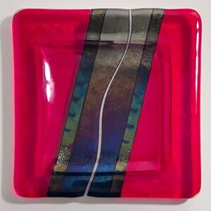 Vintage CHRIS PAULSON Fused Glass Tray / 6 INCHES SQUARE / Retired RED CLASSIC